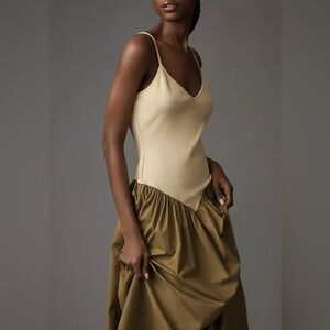 Anthropologie Maeve Sleeveless Ribbed DropWaist Poplin Twofer Midi Dress Size:XS